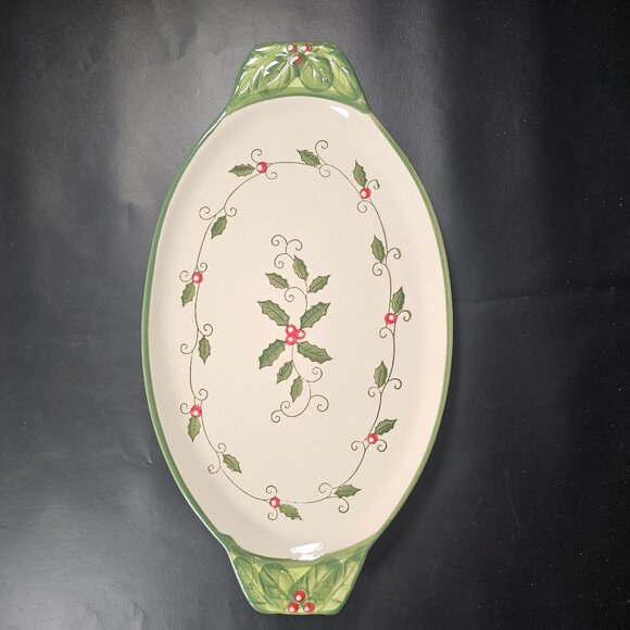Temp-Tations Holiday Christmas Cardinal Holly Berries Oval Serving Tray/Platter - Picture 9 of 9